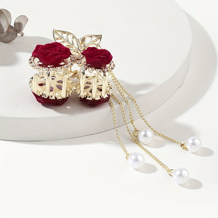 Elegant Red Rose Tassel Hair Clip