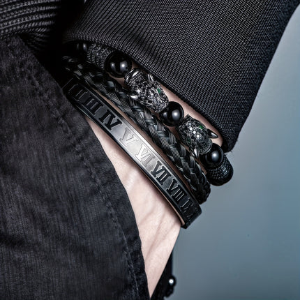 Men's Black Agate Leopard Head Bracelet Set