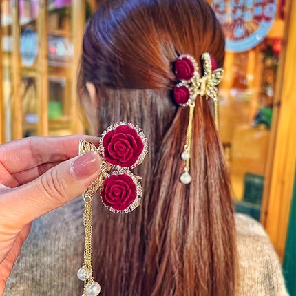 Red Flocking Rose Hair Clip – Autumn & Winter Tassel Headwear