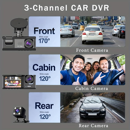 3-Channel HD Dash Cam with Night Vision & Parking Mode
