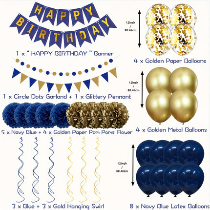 34pcs Nautical Blue & Silvery Birthday Party Kit