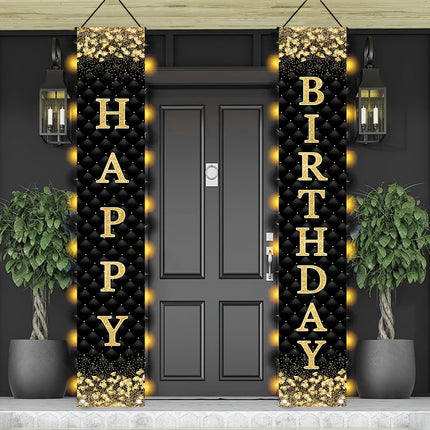 1pair Happy Birthday Black Golden Checkered Door Curtain