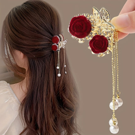 Elegant Red Rose Tassel Hair Clip