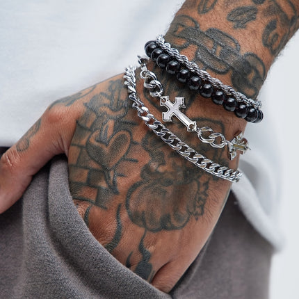 4pcs Men's Iron Cross Bead Bracelet Set