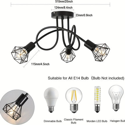 Industrial 3-Light Ceiling Fixture – Black Metal Cage Design