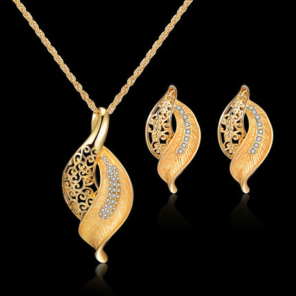 Hollow Leaf Rhinestone Jewelry Set
