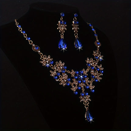 Royal Blue Leaf Flower Necklace & Earrings Set