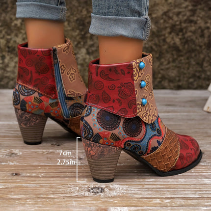 Floral Pattern Chunky Heel Ankle Boots