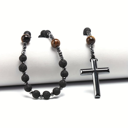 Black Lava Rock & Tiger Eye Cross Necklace