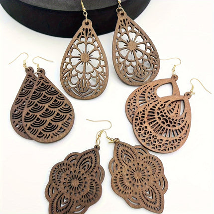 Retro Wooden Pendant Earrings Set