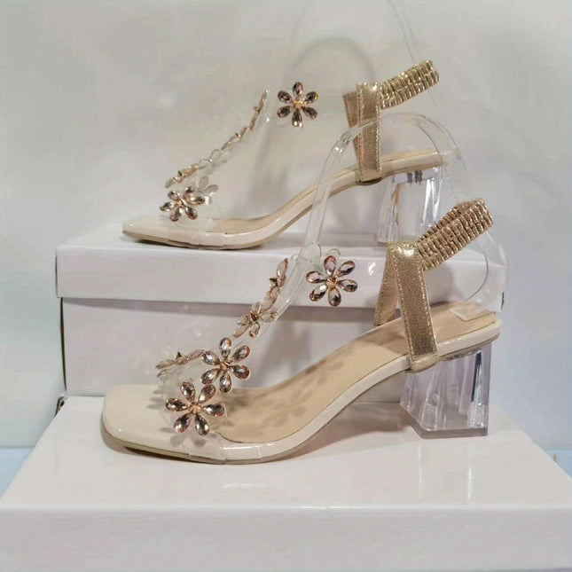 Floral Rhinestone Chunky Heels – Stylish & Comfortable