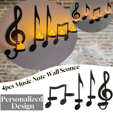 4pcs Black Music Note Wall Sconce - Metal Candle Holder