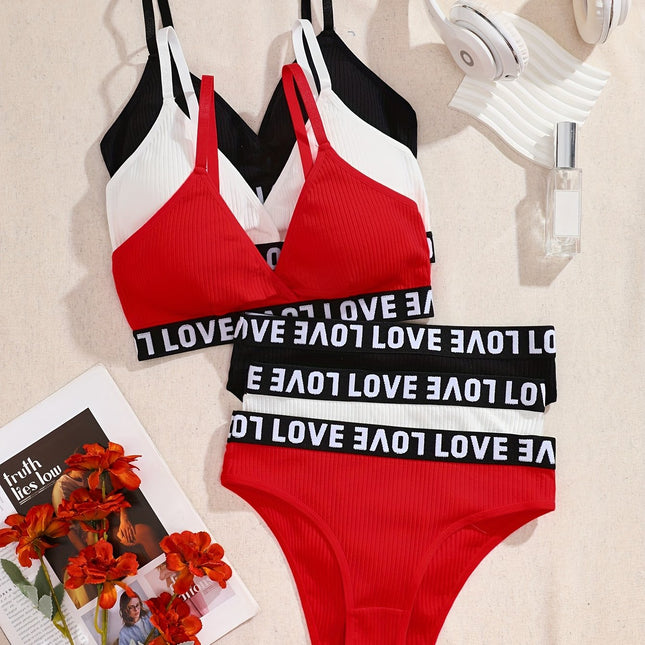 3 Set Letter Print Ribbed Lingerie