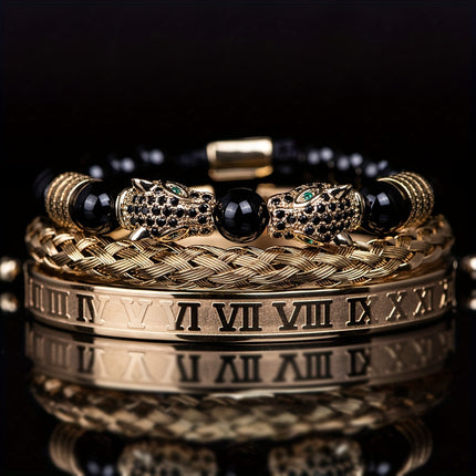 Men's Black Agate Leopard Head Bracelet Set