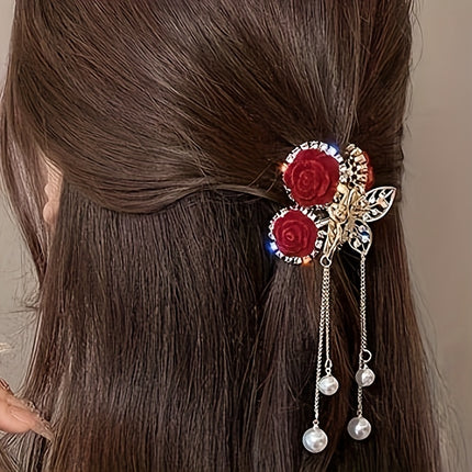 Red Flocking Rose Hair Clip – Autumn & Winter Tassel Headwear