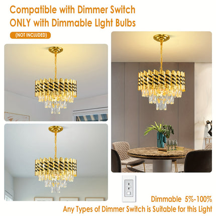 Sleek Black & Gold Crystal Chandelier – 3-Tier Elegance