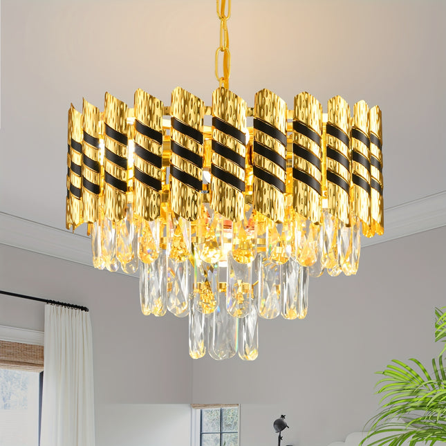 Sleek Black & Gold Crystal Chandelier – 3-Tier Elegance