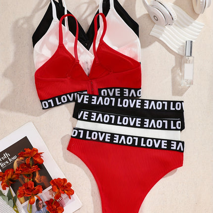3 Set Letter Print Ribbed Lingerie
