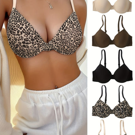 5pcs Leopard & Solid T-Shirt Bra Set