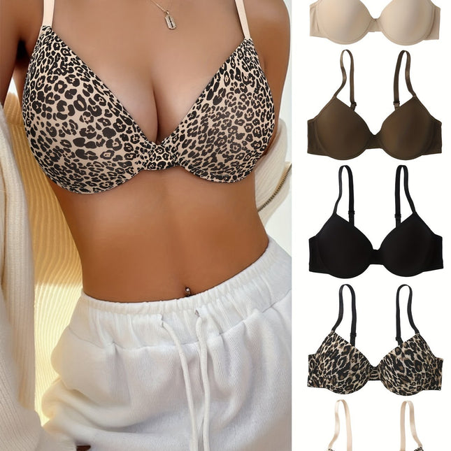 5pcs Leopard & Solid T-Shirt Bra Set