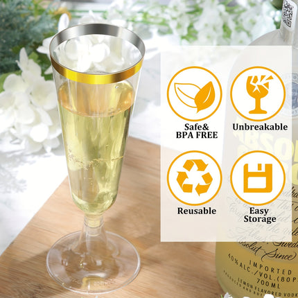 25-Pack Golden Rimmed Plastic Champagne Flutes 5.5 Oz