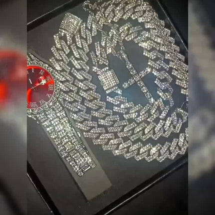 4pcs Men's Watch & Cuban Chain Set