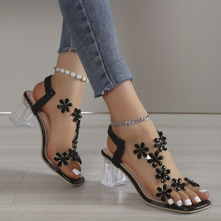 Flower Rhinestone Block Heel Sandals
