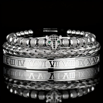 3pcs Men's Braided & Roman Numeral Bracelet Set