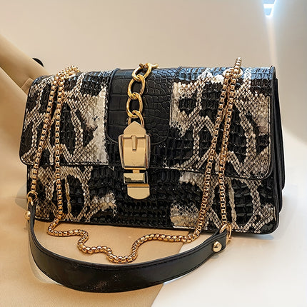 Vintage Snake Print Chain Shoulder Bag