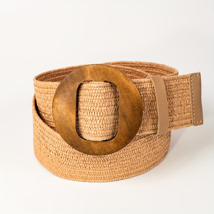 Boho-Chic Straw Belt with Wooden Buckle