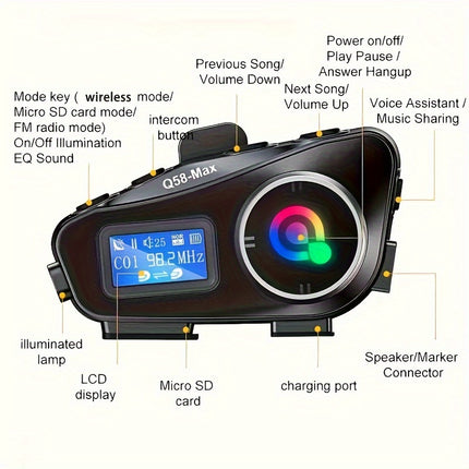 Q58MAX Wireless Motorcycle Helmet Headset with FM Radio & Intercom