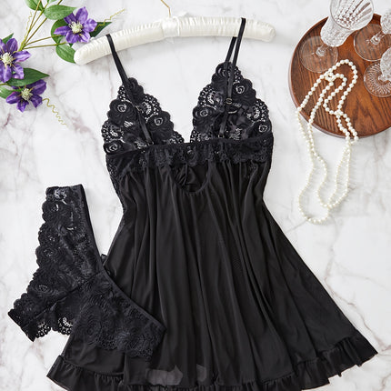 Contrast Lace Ruffle Lingerie Set