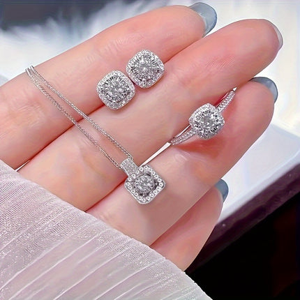 4pcs Square Rhinestone Jewelry Set