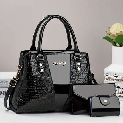 3pcs Crocodile Pattern Faux Leather Satchel