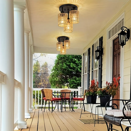 Boho Chic 3-Flame Rattan Ceiling Lamp – Vintage Bamboo Design