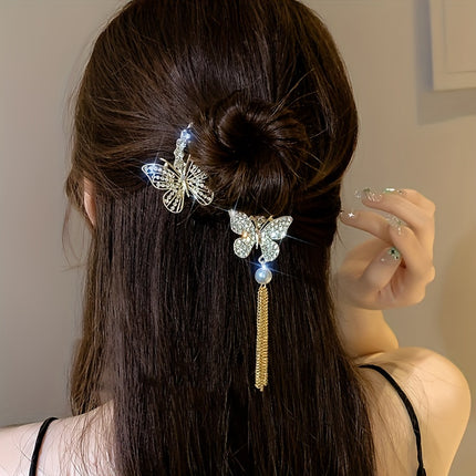 Rhinestone Butterfly Tassel Hair Clip