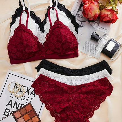 3pcs Floral Lace Bra & Panties Set