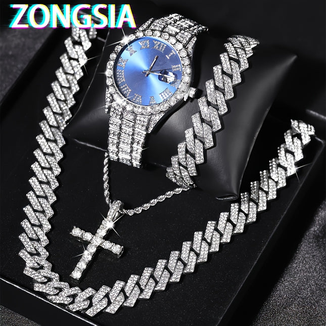 4pcs Men's Watch & Cuban Chain Set