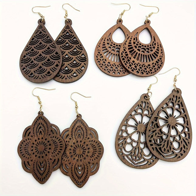 Retro Wooden Pendant Earrings Set