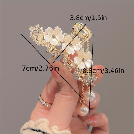 Camellia Rhinestone Faux Pearl Tassel Hair Clip