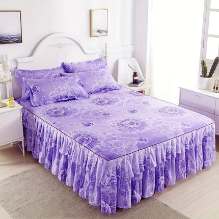 Luxury 3pcs Bed Skirt Set with Floral Print & Pillowcases