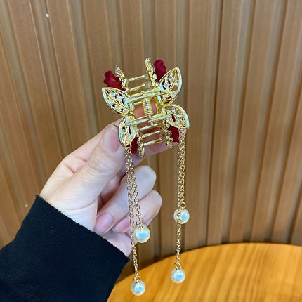 Red Flocking Rose Hair Clip – Autumn & Winter Tassel Headwear
