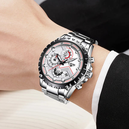 LIGE Silver Chronograph Business Watch