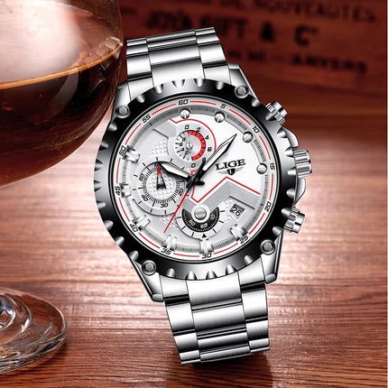 LIGE Silver Chronograph Business Watch