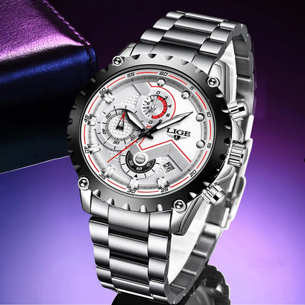 LIGE Silver Chronograph Business Watch