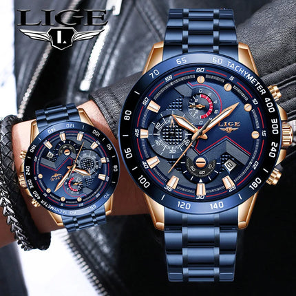 LIGE 2025 Stainless Steel Chronograph