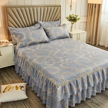 Luxury 3pcs Bed Skirt Set with Floral Print & Pillowcases