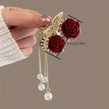 Red Flocking Rose Hair Clip – Autumn & Winter Tassel Headwear