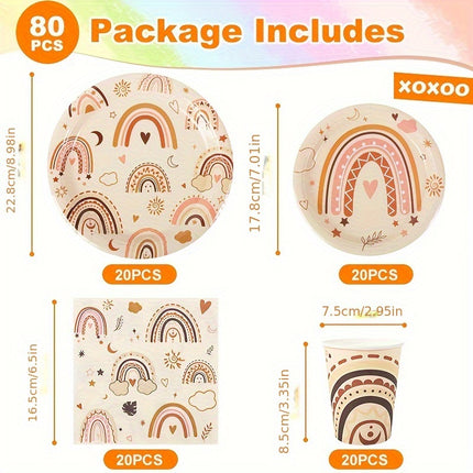 80-Piece Bohemian Brown Rainbow Themed Disposable Tableware Set