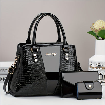3pcs Crocodile Pattern Faux Leather Satchel